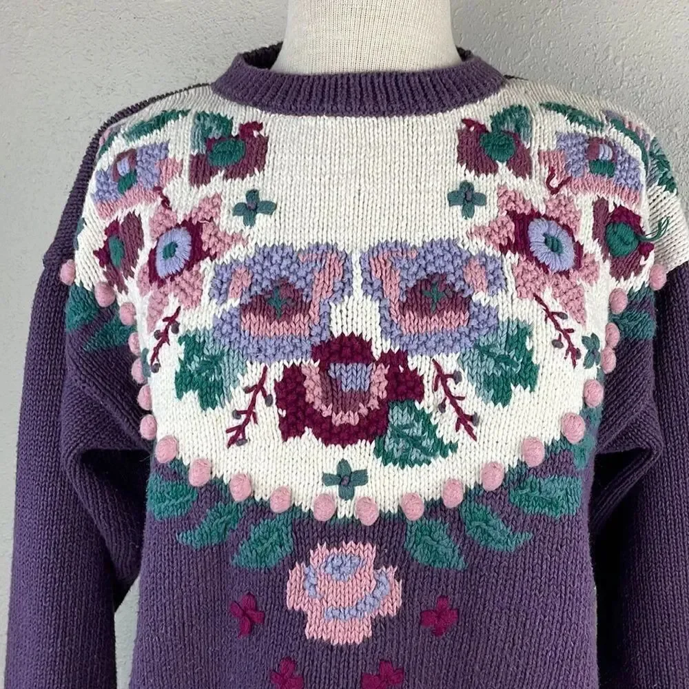 Vintage Russ Floral Stitched Sweater Size M EUC